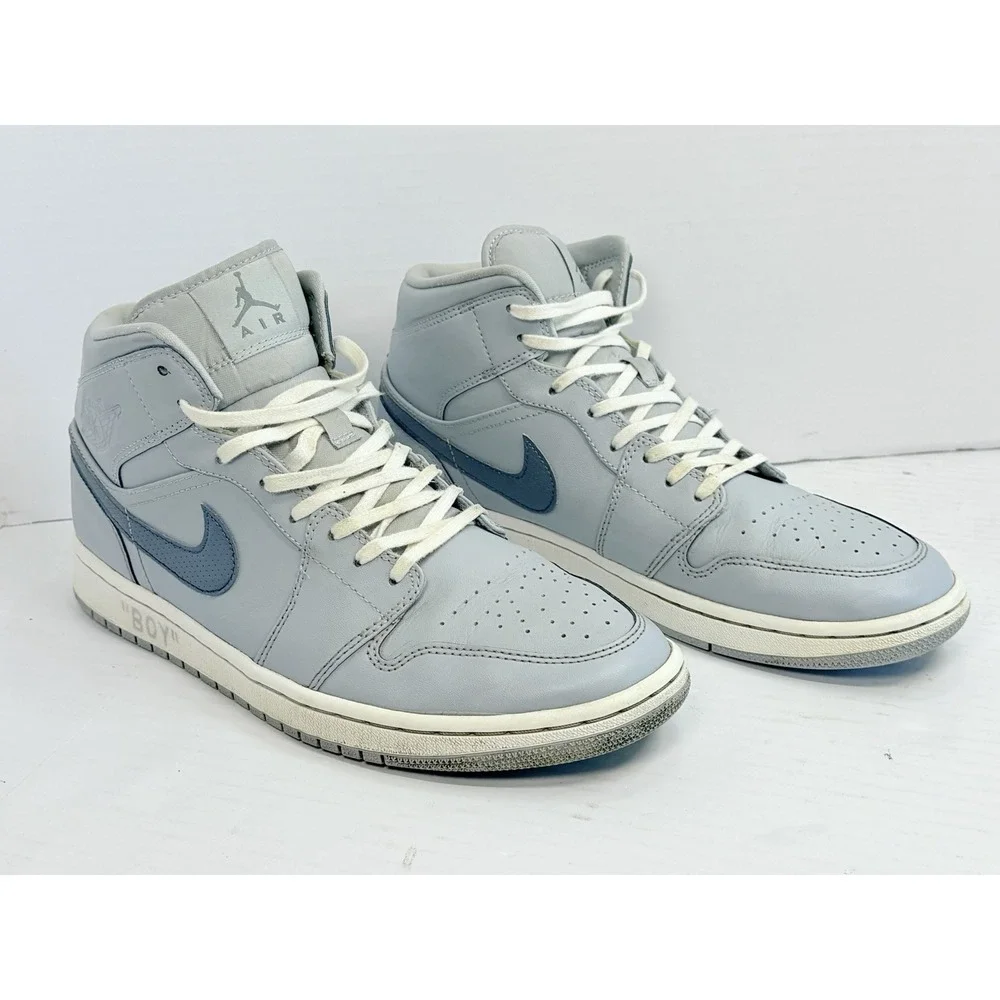 Nike Air Jordan 1 Mid Wolf Grey Armory Navy Men's 10.5 554724-033 Sneakers